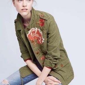 Anthropologie Hei Hei Jacket Green‎ Field Utility Floral Embroidered